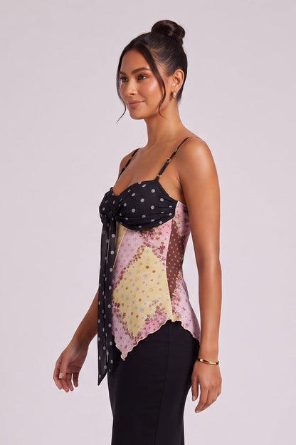 Black Sheer Chiffon Fitted Bodice with Asymmetrical Handkerchief Hem Camisole Top black, pink, yellow, brown sheer chiffon camisole top - product view 4