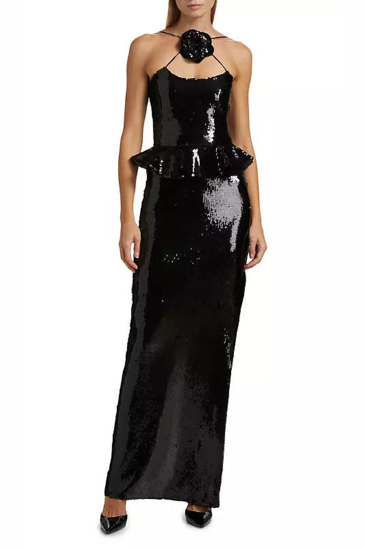 peplum waist sequin maxi dress in black