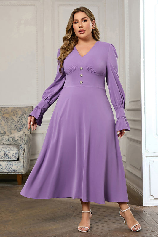 Long sleeve V neckline midi dress in purple