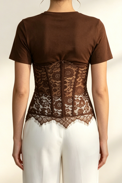 Brown Spliced Lace Corset Short Sleeve Top