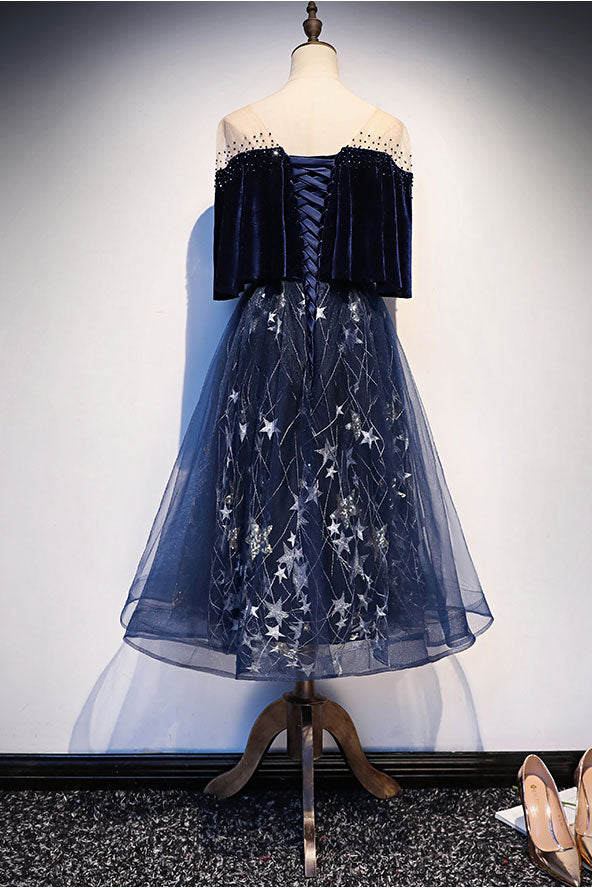 Blue tulle lace midi prom dress