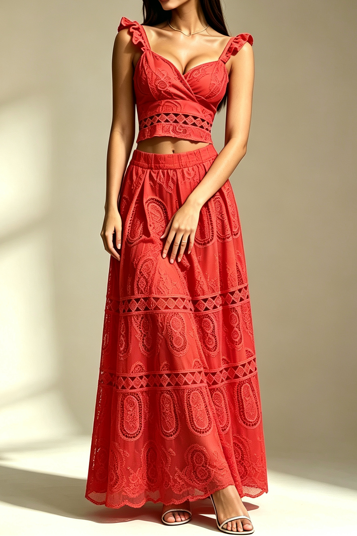 Red Ruffle Spaghetti Strap V Neck Cutout Eyelet Crop Top High Waist Tiered Maxi Skirt 2 Piece Outfit