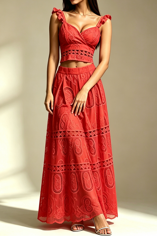 Red Ruffle Spaghetti Strap V Neck Cutout Eyelet Crop Top High Waist Tiered Maxi Skirt 2 Piece Outfit