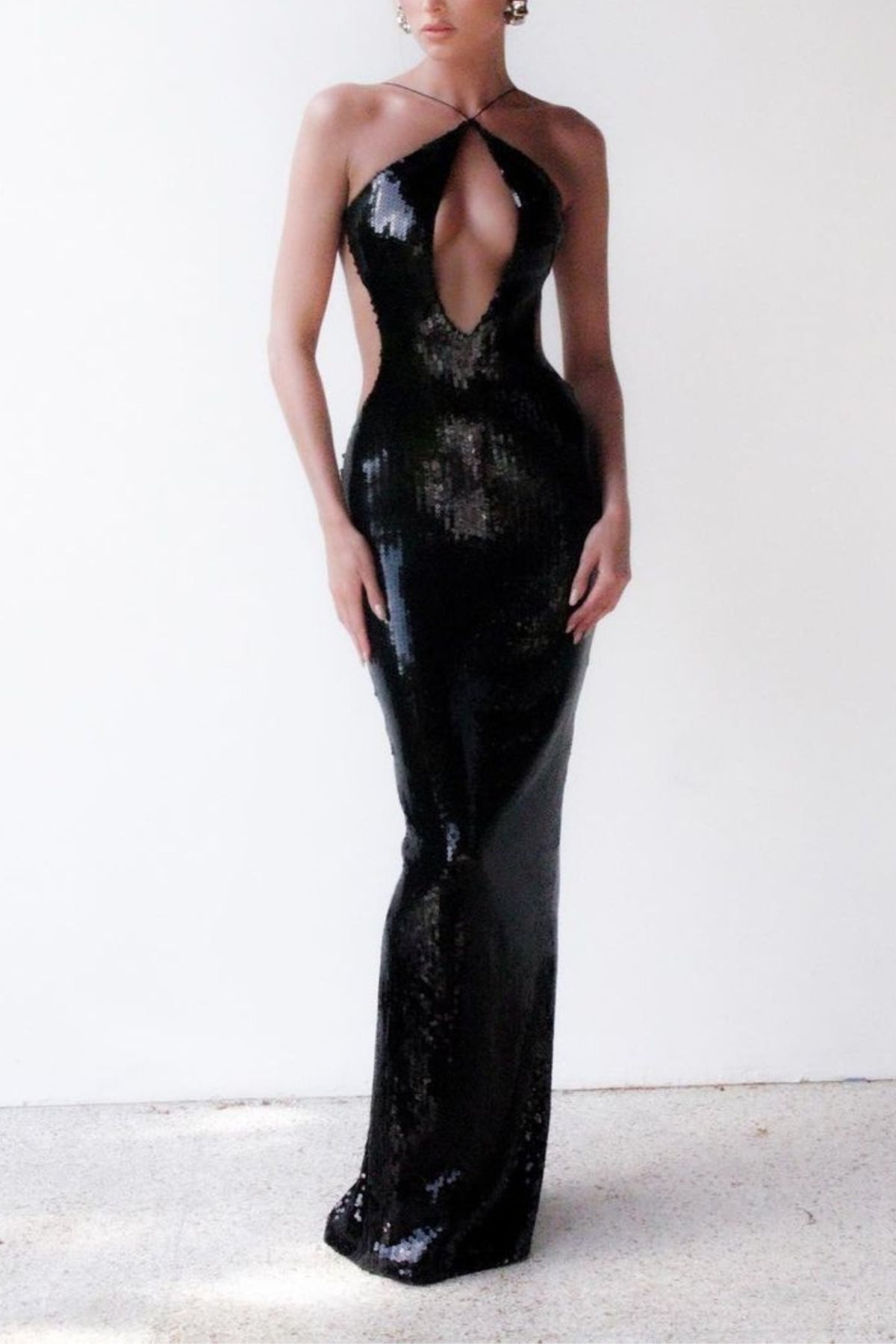 Glitter cutout maxi dress in black