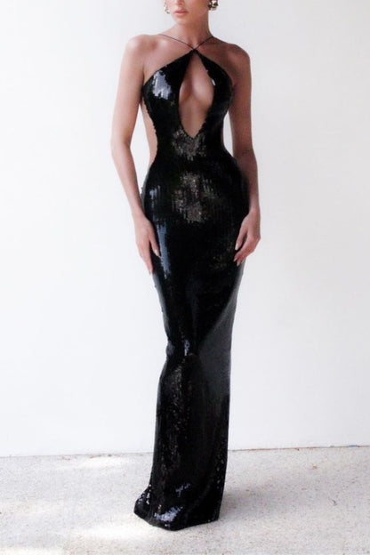 Glitter cutout maxi dress in black
