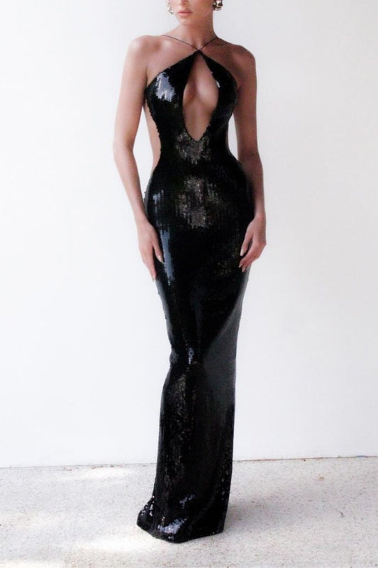 Glitter cutout maxi dress in black