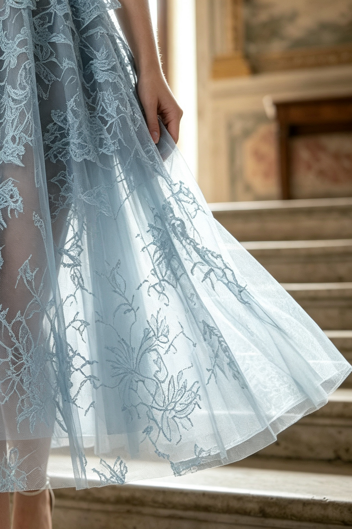 BLUE BEADED LACE MIDI DRESS