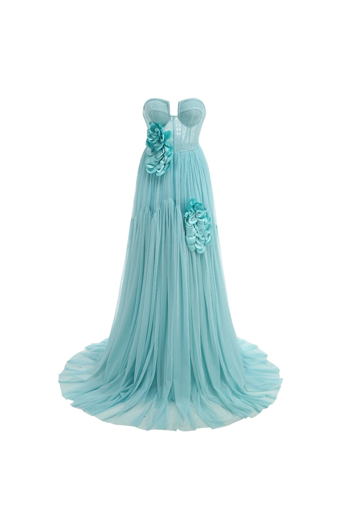 Floral strapless tulle maxi dress in blue