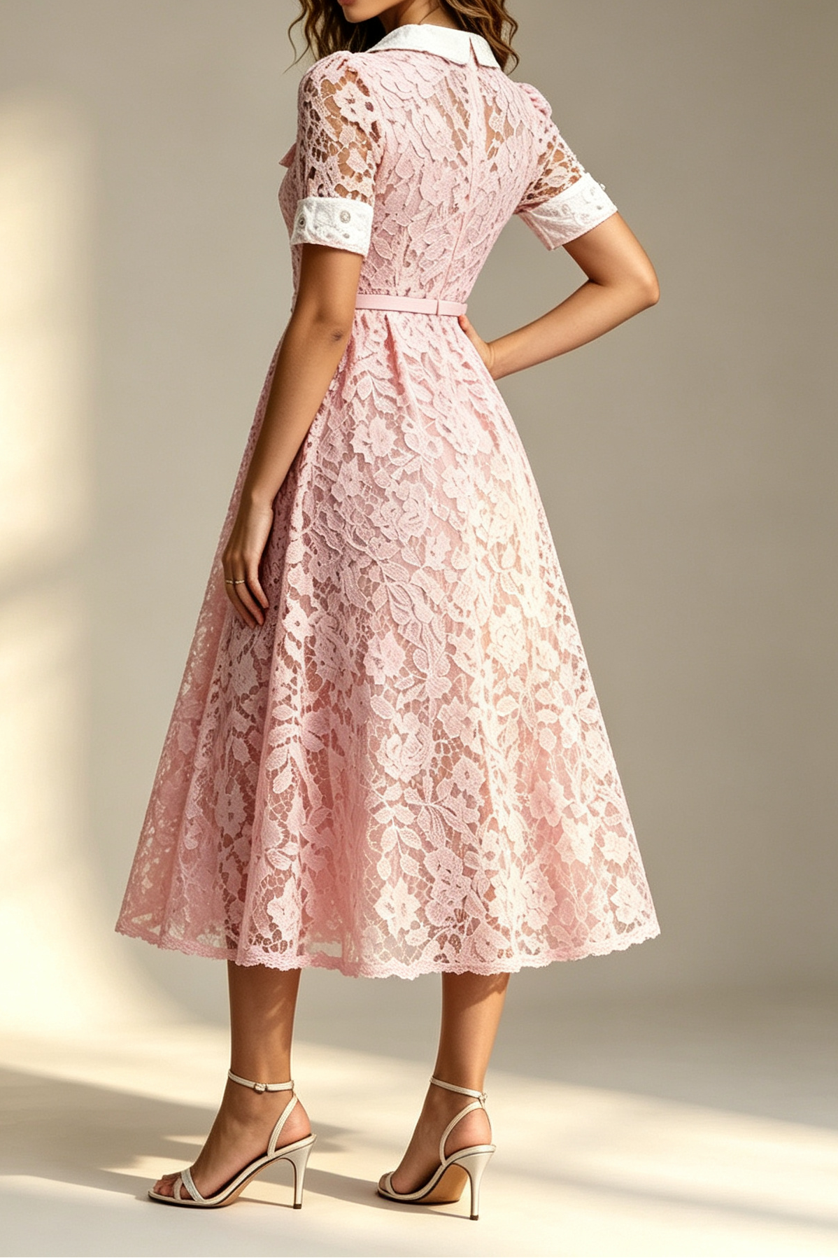 Pink Contrast White Peter Pan Collar Rhinestone Button Short Sleeve Lace Belted High Slit Midi Shirt Dress
