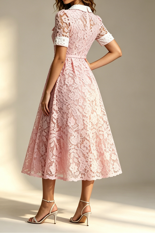 Pink Contrast White Peter Pan Collar Rhinestone Button Short Sleeve Lace Belted High Slit Midi Shirt Dress
