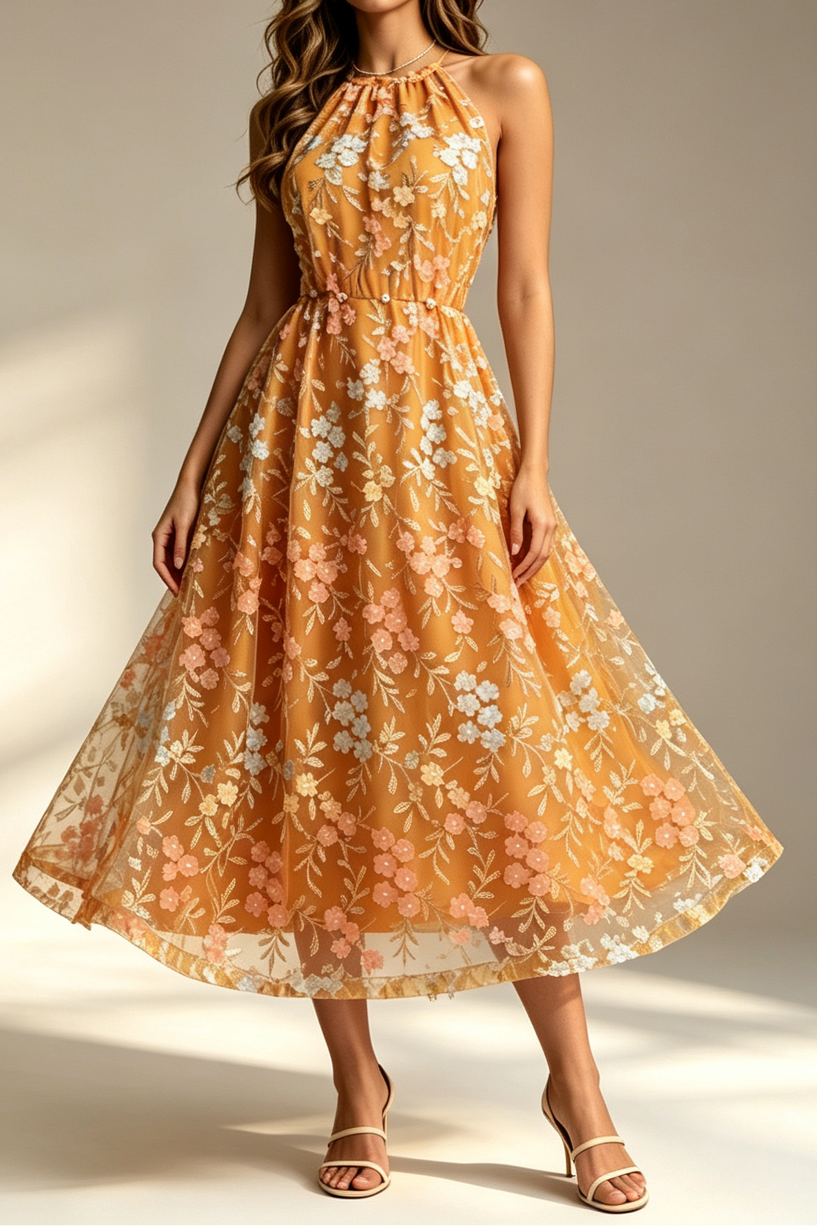 Mustard Halter Neck Sleeveless 3D Floral Embroidery Sheer Tulle Flared Midi Dress