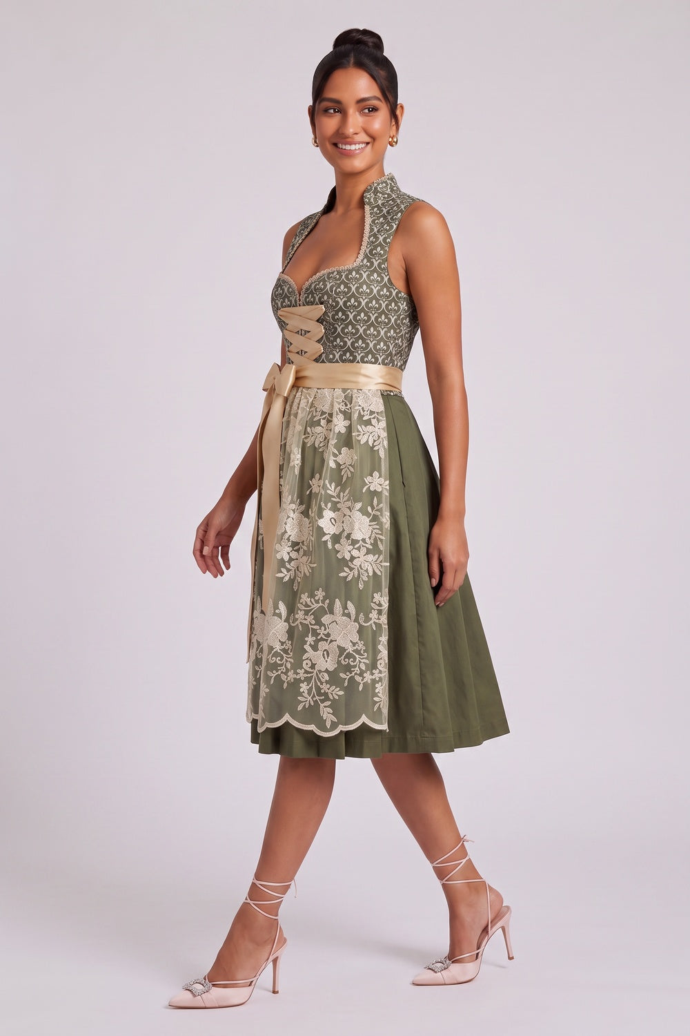 olive green jacquard bodice fit-and-flare dirndl olive green, champagne gold jacquard bodice, satin skirt dirndl - product view 3