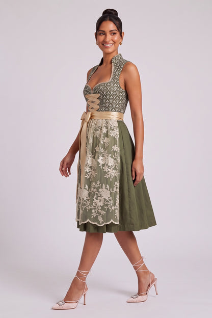 olive green jacquard bodice fit-and-flare dirndl olive green, champagne gold jacquard bodice, satin skirt dirndl - product view 3