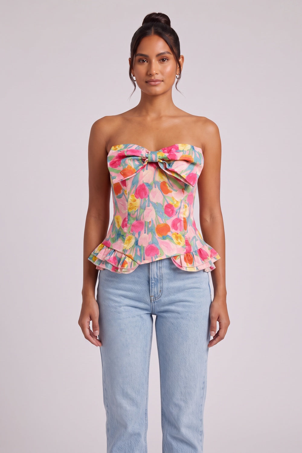 Pink Floral Strapless Corset Top with Peplum pink cotton-blend woven fabric top - product view 3