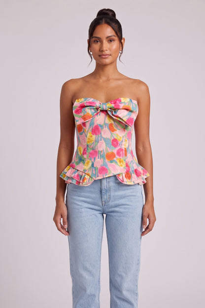 Pink Floral Strapless Corset Top with Peplum pink cotton-blend woven fabric top - product view 3