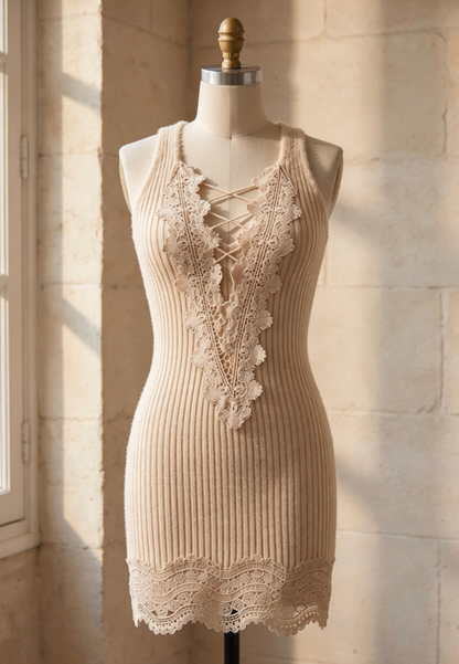 Beige Ribbed Knit Bodycon Mini Dress with Lace Trim