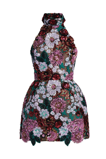 Violet open-back embroidered mini dress