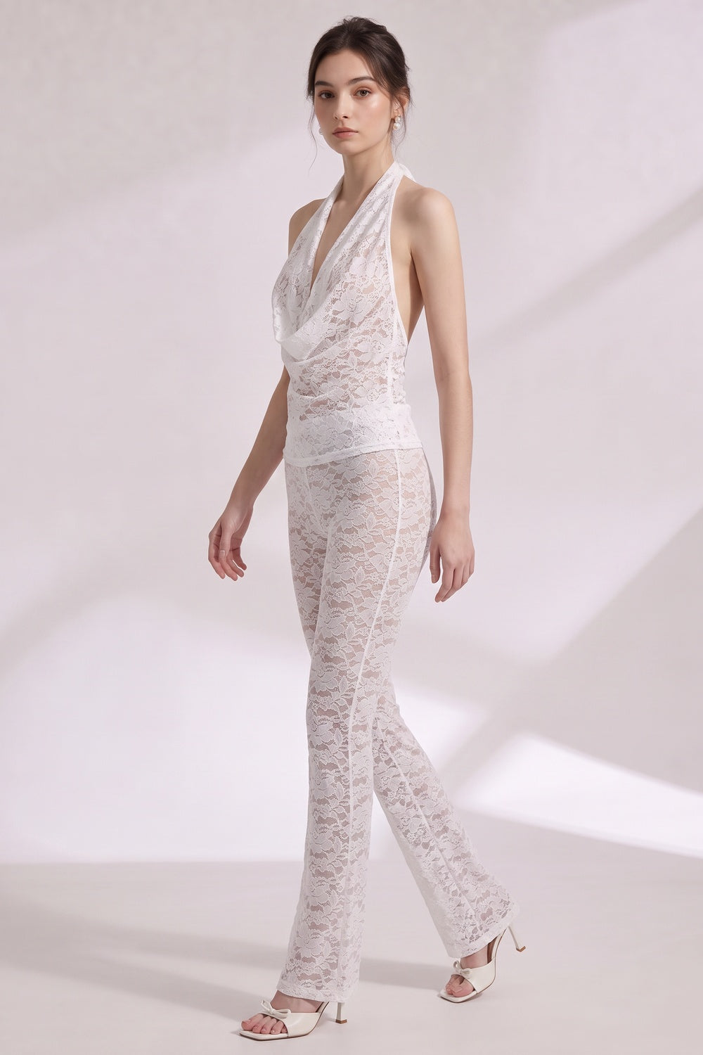 White Sheer Floral Lace Two-Piece Set - Halter Top & Flared Pants White Sheer floral lace Two-piece set (top and pants) - product view 2