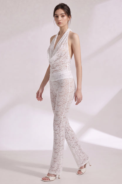 White Sheer Floral Lace Two-Piece Set - Halter Top & Flared Pants White Sheer floral lace Two-piece set (top and pants) - product view 2