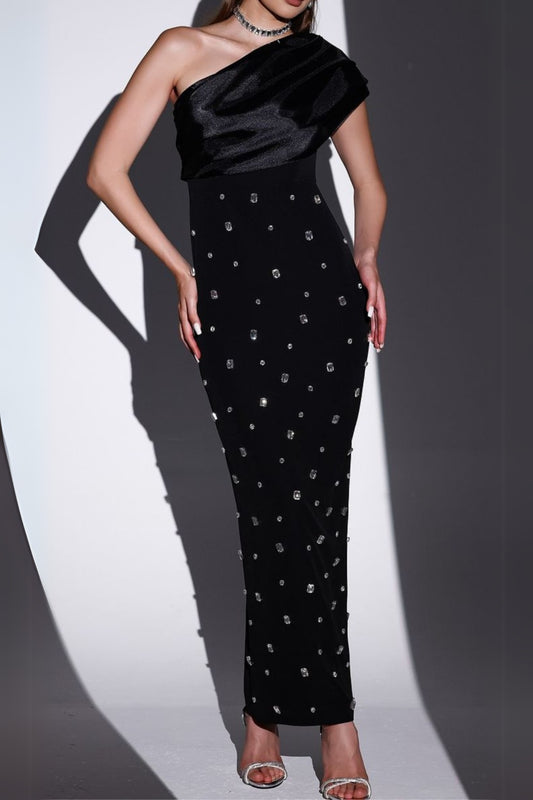 one-shoulder crystal-embellished Bandage maxi dress in black