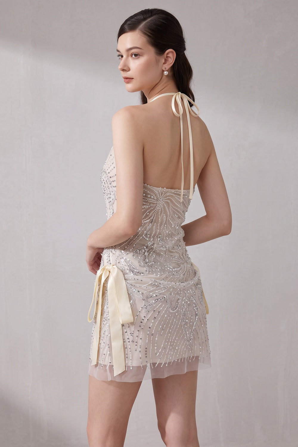 Ivory Sheer Mesh Beaded A-Line Mini Dress ivory, cream sheer mesh dress - product view 4