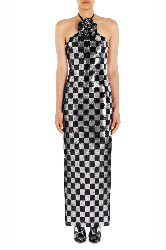 checkerboard sequin halter gown with flower