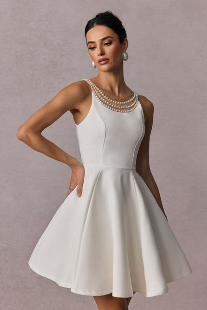 camille Open Back Pearl Embelished Mini Dress in white