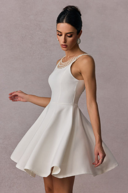 camille Open Back Pearl Embelished Mini Dress in white