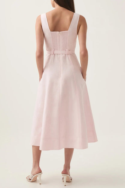 sweetheart neckline belted midi dress in pink
