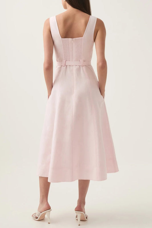 sweetheart neckline belted midi dress in pink