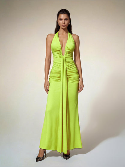 Alyshea Halterneck Ruched Maxi Dress In Neon Yellow