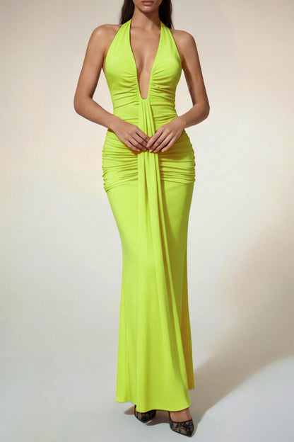 Alyshea Halterneck Ruched Maxi Dress In Neon Yellow