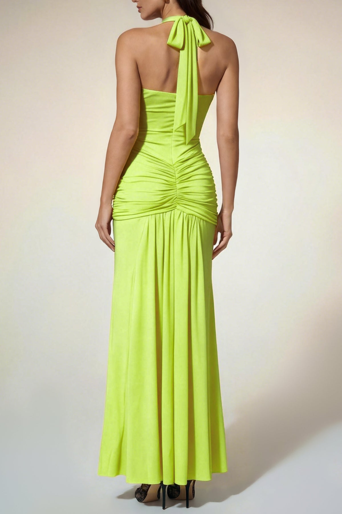Alyshea Halterneck Ruched Maxi Dress In Neon Yellow