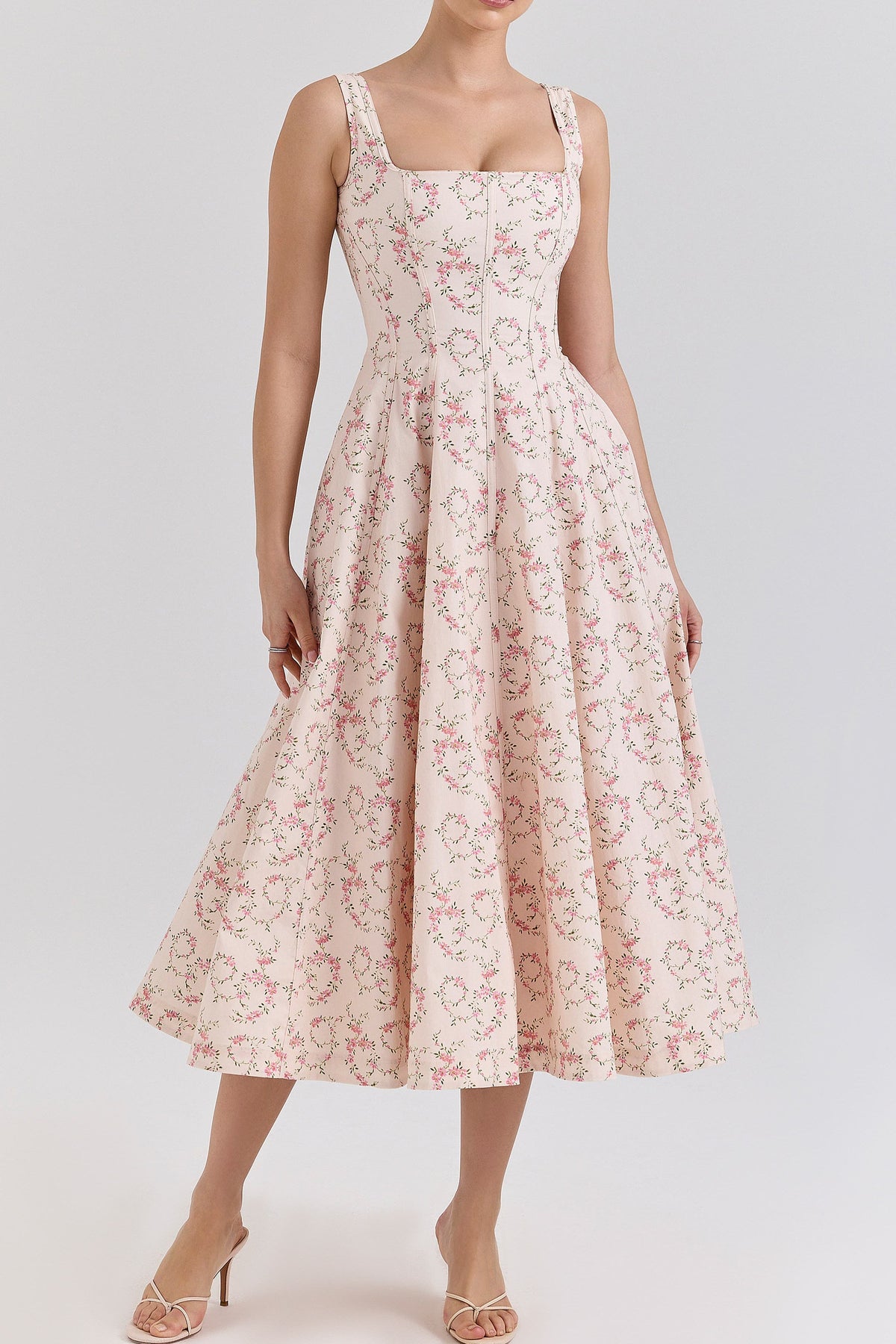 gemma Floral Cream Lace-Up Stretch Cotton Midi Dress