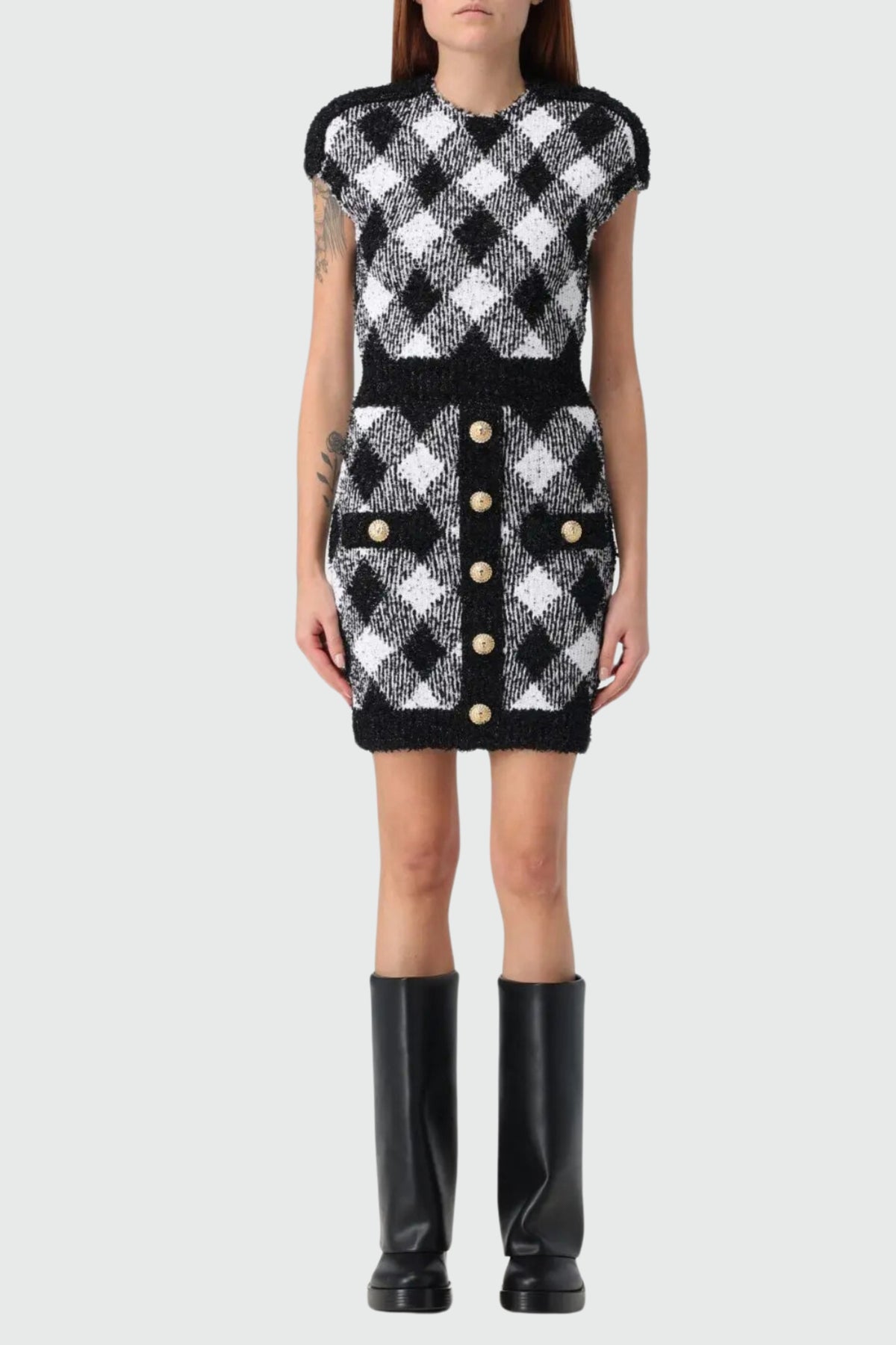 button-embellished plaid texture mini dress