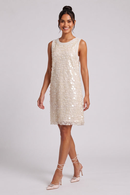 Cream Mesh Base with All-Over Sequins Shift Dress cream, ivory mesh base with all-over sequins dress - product view 1