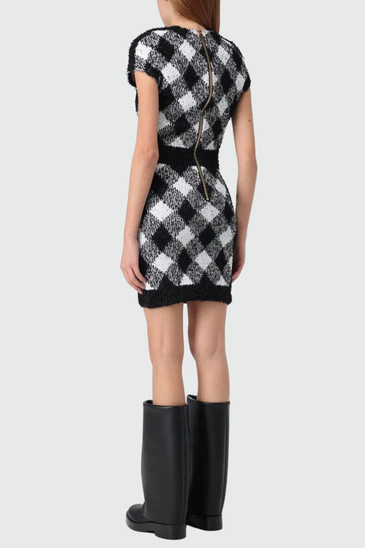 button-embellished plaid texture mini dress