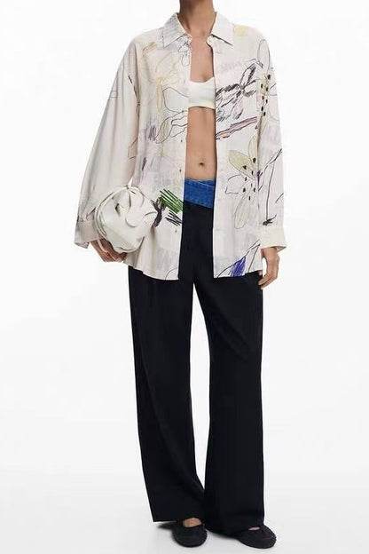 Cream Abstract Floral Sketch Print Long Sleeve Oversized Shirt