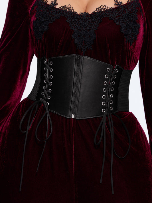 Faux Leather Lace‑Up Zipper Corset Waist Belt