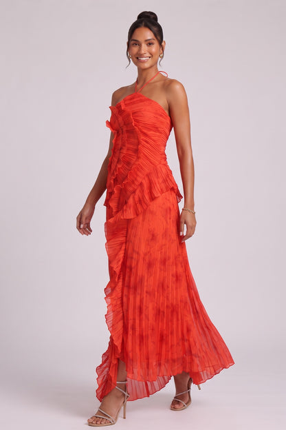 Red Chiffon A-Line Maxi Dress with Cascading Ruffles red chiffon dress - product view 3