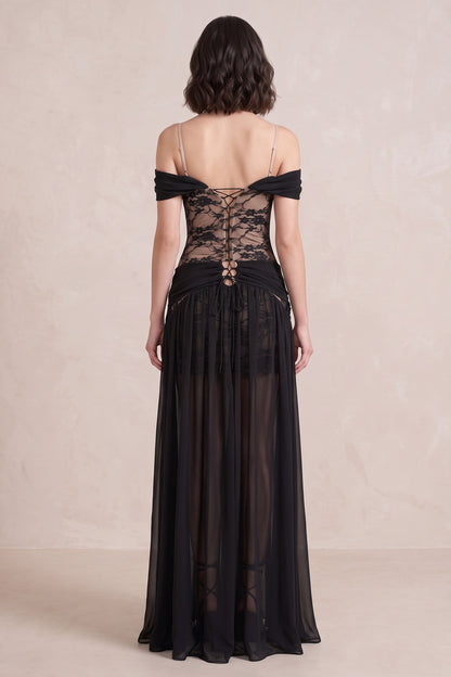 Black Chiffon Fitted Bodice A-Line Gown with High Slit black chiffon gown - product view 5