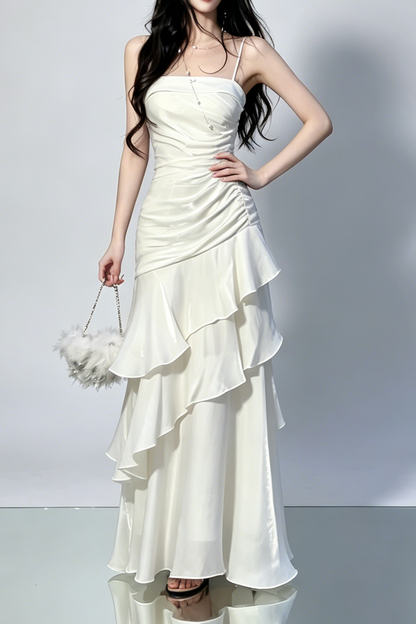 Side Ruched Tiered Ruffle Satin Spaghetti Strap Maxi Dress