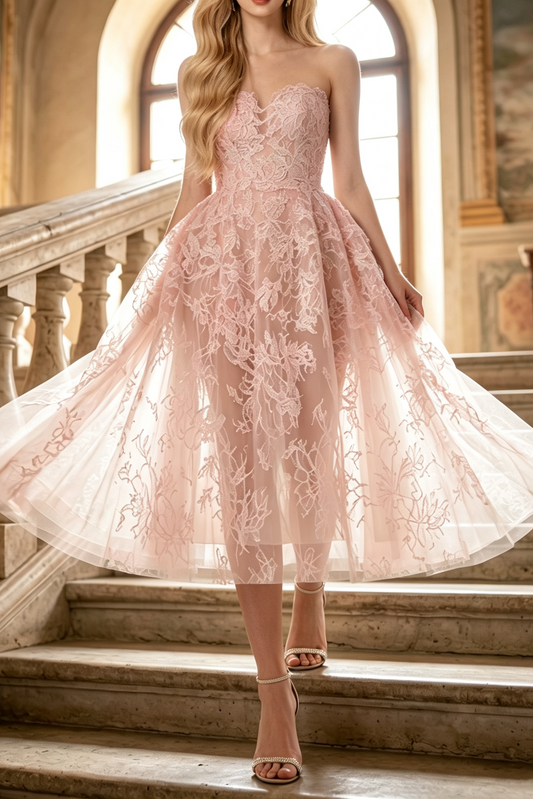 PINK BEADED LACE MIDI DRESS