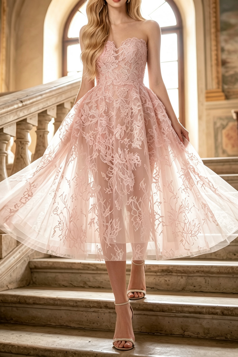 PINK BEADED LACE MIDI DRESS