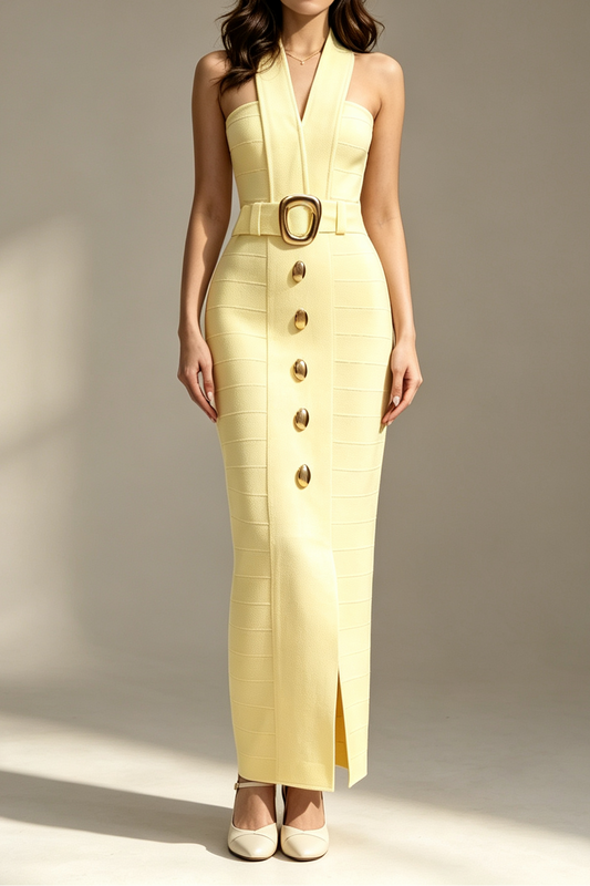 Pale Yellow Deep V Halter Neck Wide Gold Buckle Belt Metal Button Front High Side Slit Bandage Midi Dress