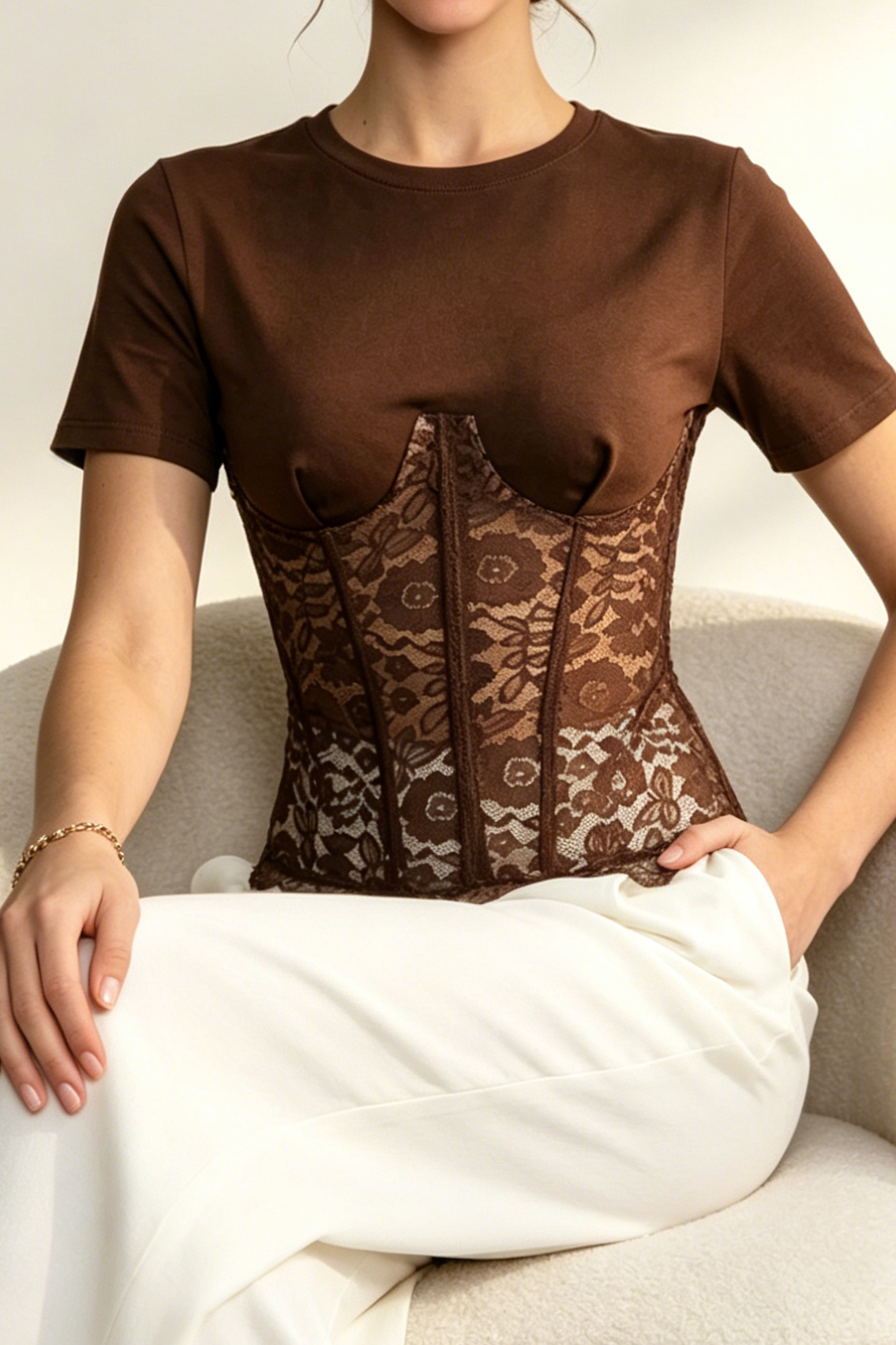Brown Spliced Lace Corset Short Sleeve Top