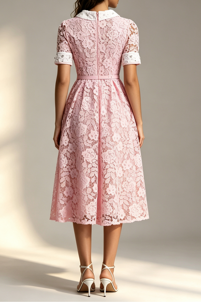 Pink Contrast White Peter Pan Collar Rhinestone Button Short Sleeve Lace Belted High Slit Midi Shirt Dress