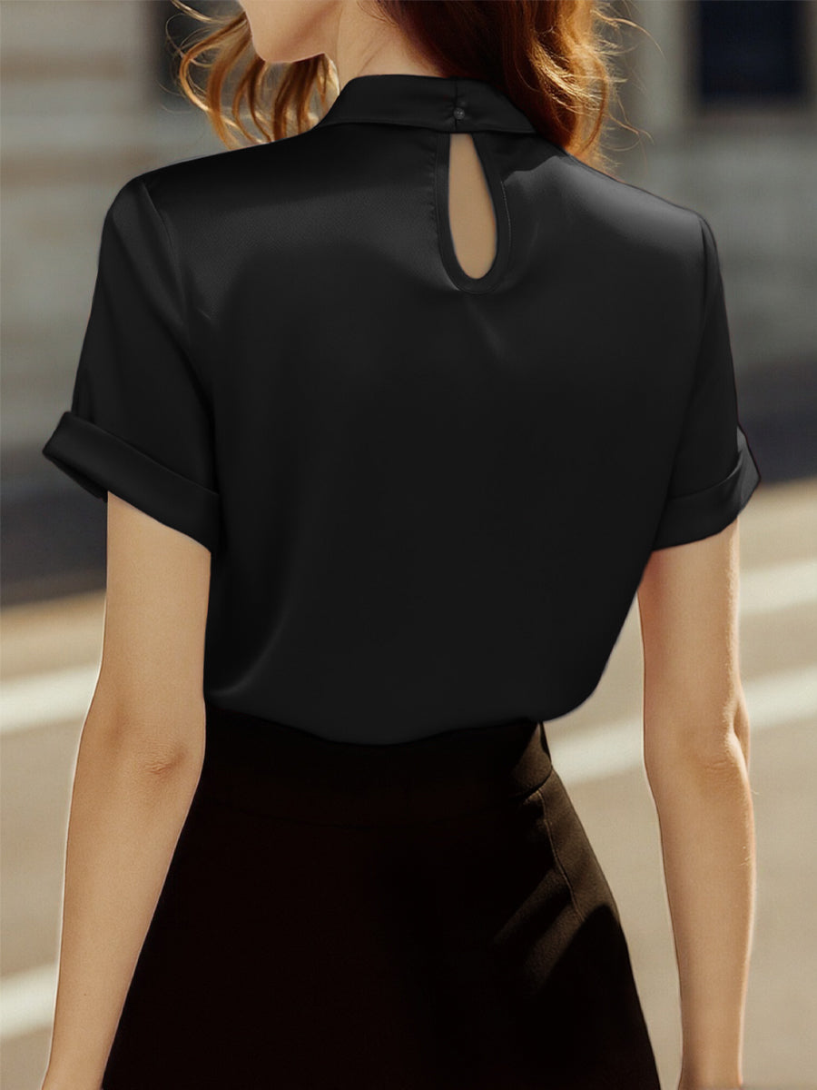 Sophisticated White Satin Blouse with Modern Keyhole Neckline