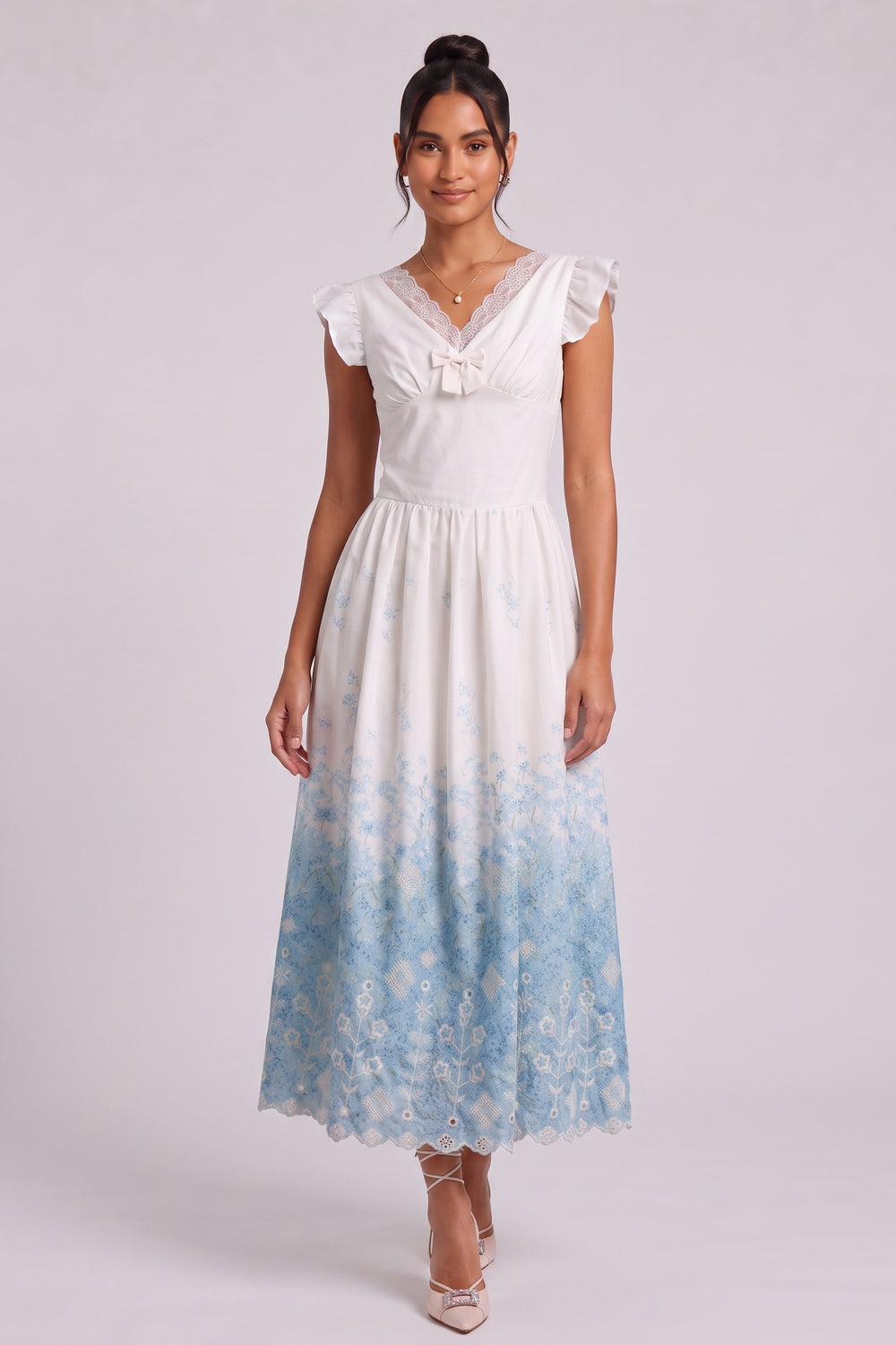 White Cotton Woven Fit-and-Flare Midi Dress with Gradient Floral and Eyelet white cotton woven dress - product view 3