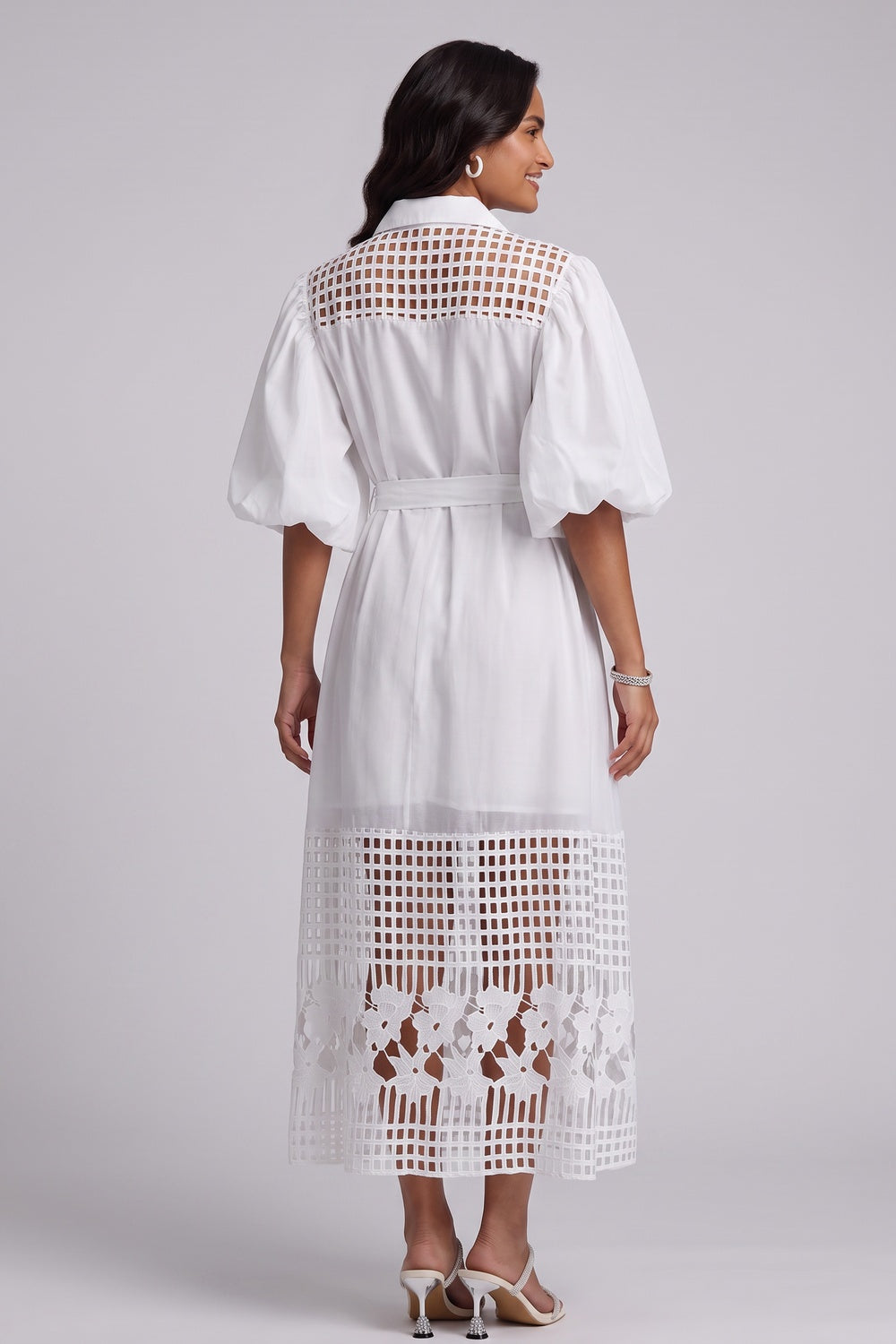 White A-Line Shirt Dress with Lace Panels and Puff Sleeves white smooth woven cotton-blend shirt dress - product view 5